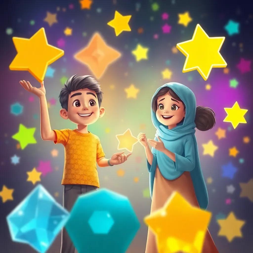 Transforming shapes appearing in front of Ali and Leila, representing joy of learning, colorful background, magical essence, digital illustration, high quality