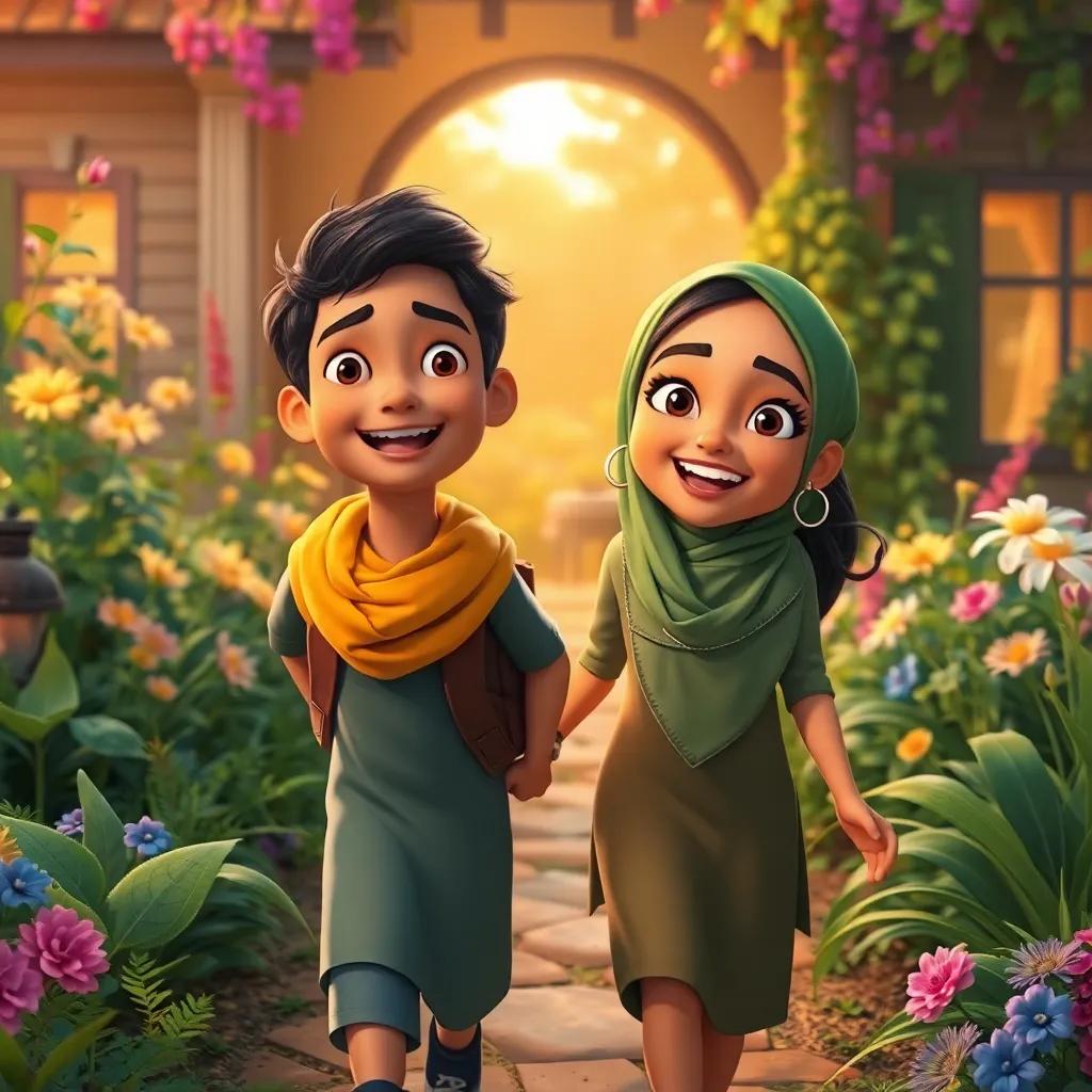 Ali and Leila returning home with smiles, the garden behind them celebrating their adventure, warm colors, uplifting, inviting scene, high detail