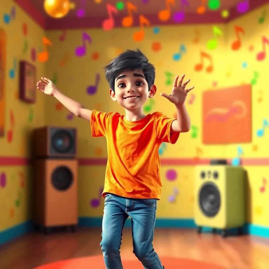 A young Arab boy, Sami, with short black hair, wearing a bright t-shirt and jeans, dancing joyfully in a lively room filled with colorful musical notes, cheerful atmosphere, digital art, vibrant colors, playful design, high quality