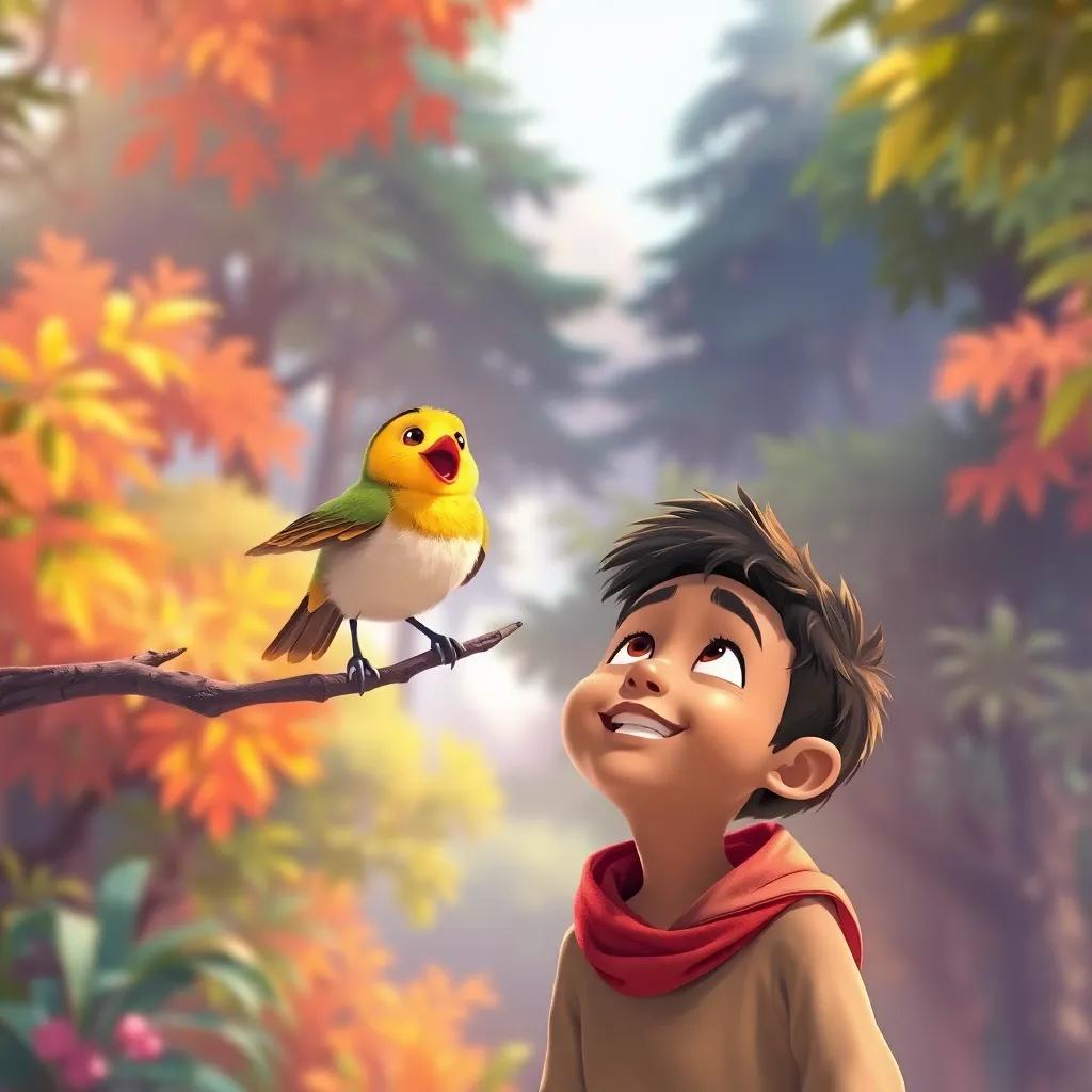 A small cheerful bird singing on a branch, with Sami, a young Arab boy, looking up in excitement, surrounded by lush green trees in a colorful forest, warm and inviting light, illustration, natural beauty, whimsical style, high quality