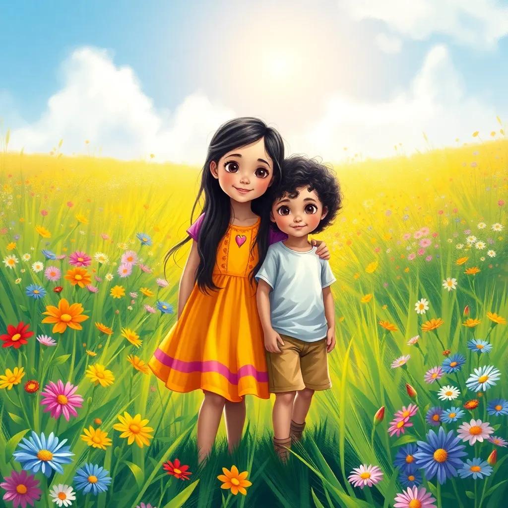 A sunny meadow with colorful flowers, two kids, Leila and Sami, Leila has long dark hair wearing a bright dress and Sami has short curly hair wearing a t-shirt and shorts, cheerful atmosphere, vibrant colors, digital art, warm sunlight, high quality