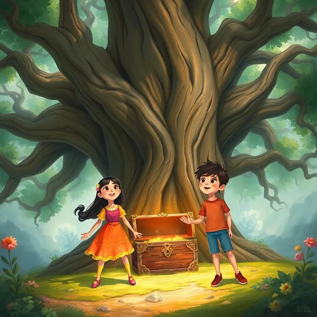 A large ancient tree with a treasure chest at its base, two kids, Leila with long dark hair in a bright dress and Sami with short curly hair in a t-shirt, excitement on their faces, magical atmosphere, bright colors, exploration theme, illustration, whimsical style