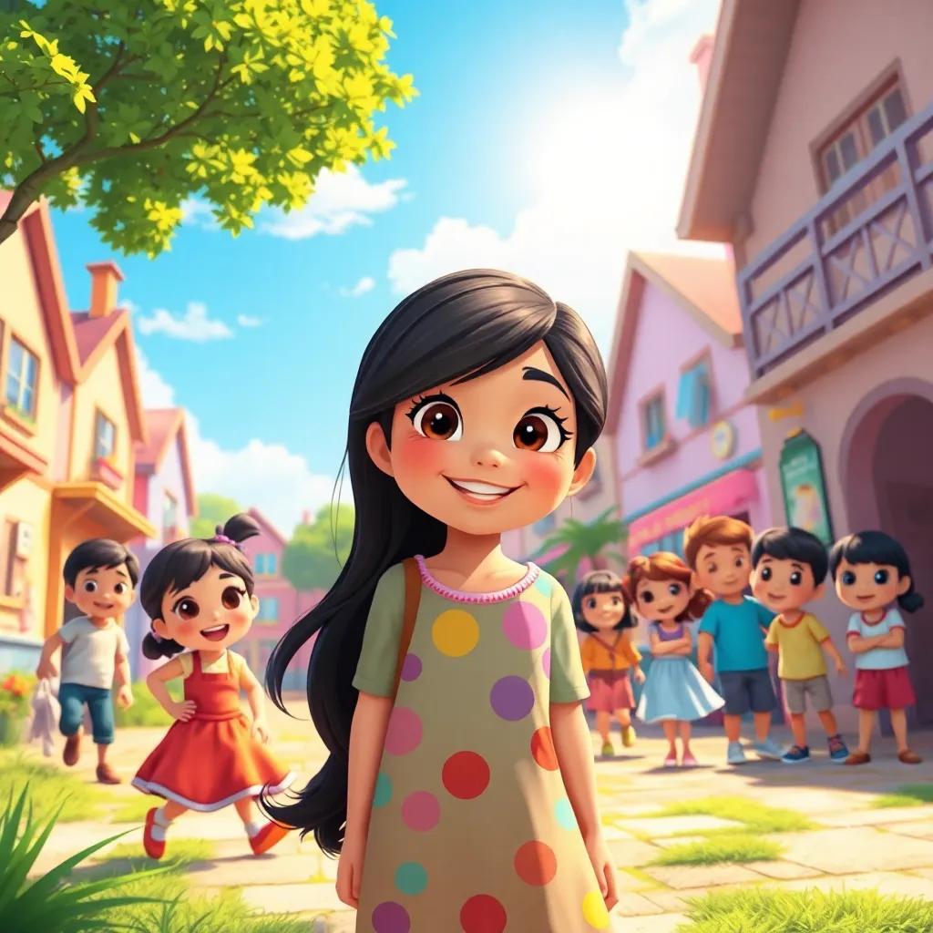 A sunny day in a small town, children playing around, Noura with dark hair in colorful clothes, cheerful atmosphere, vibrant colors, warm light, joyful scene, high quality