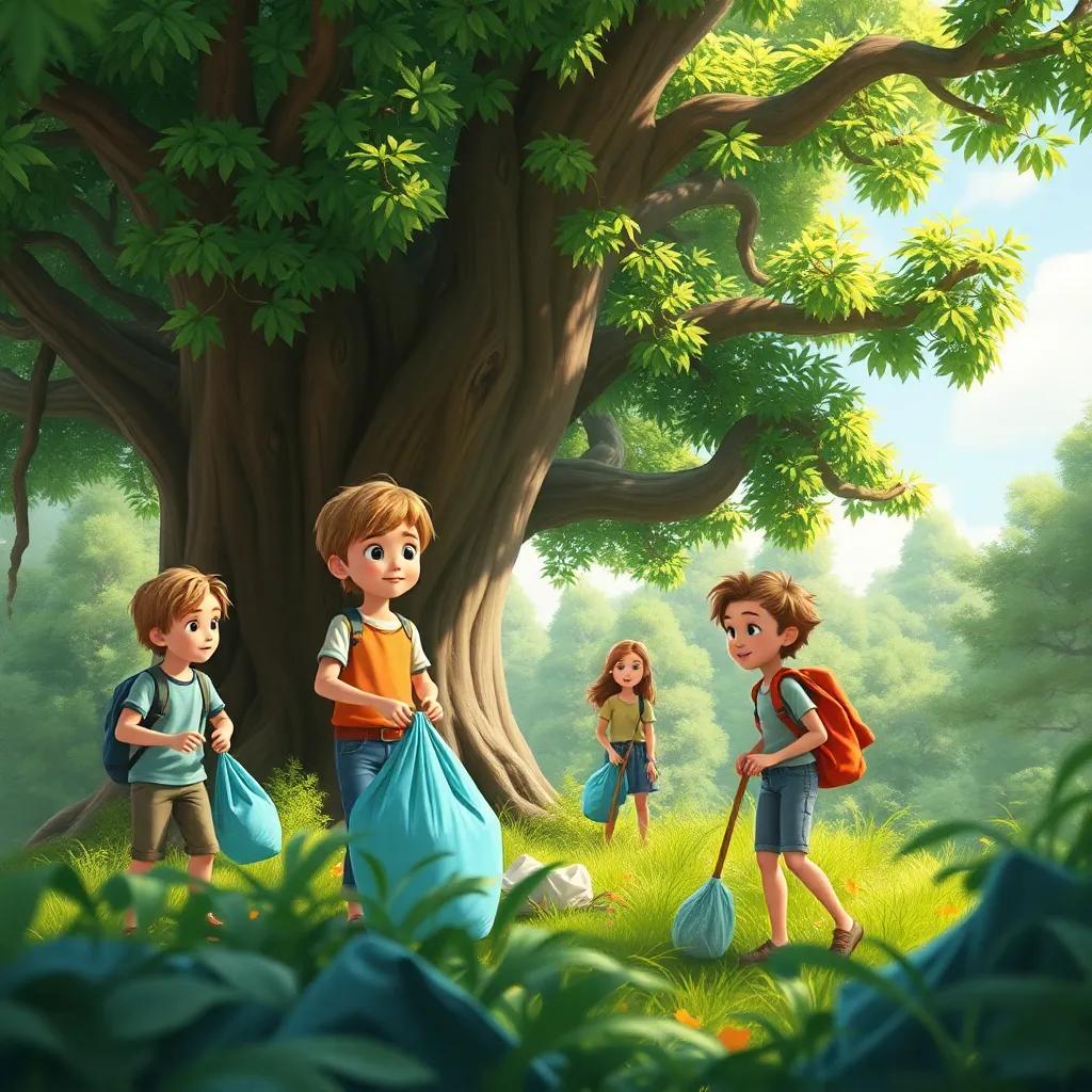 A dense green forest with a big tree, children picking up trash, Sami with light brown hair in comfortable clothes, emphasizing teamwork and care for the environment, bright colors, clear sky, engaging view, high quality