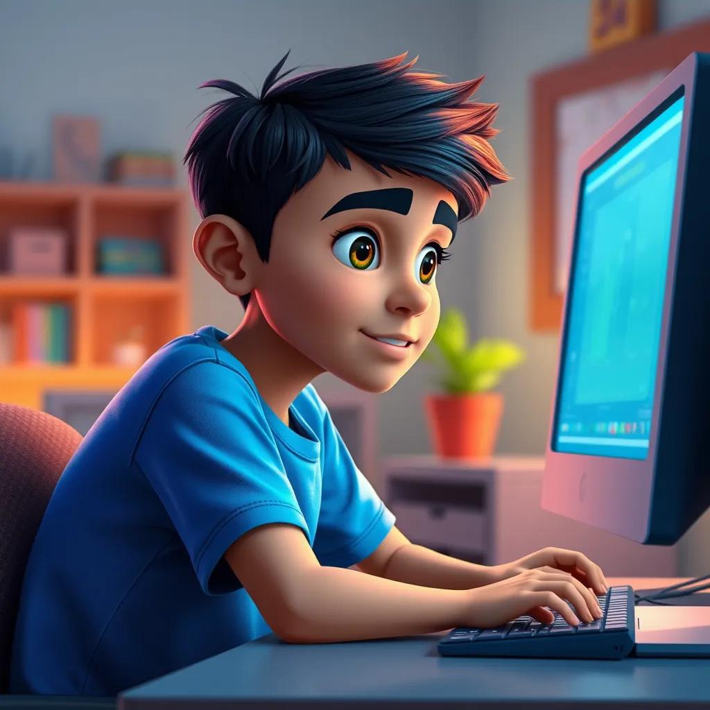 A young Arab boy, Sami, with short black hair and wearing a blue T-shirt, sitting at a desk with a computer, focused on the screen, vibrant colors, digital art, inviting atmosphere, high quality