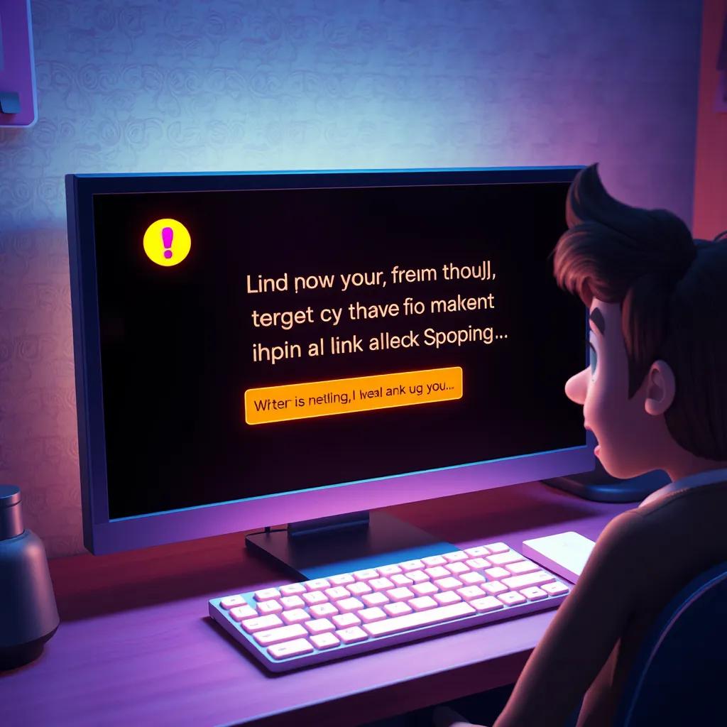 A computer screen showing a mysterious message with a highlighted link, with Sami looking surprised, colorful, digital art, engaging atmosphere, high quality