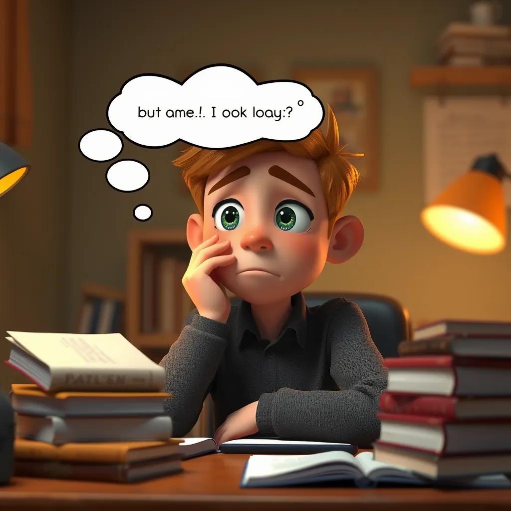 A worried Sami thinking about the message he received, with books about online safety scattered around his desk, warm colors, thoughtful atmosphere, high quality