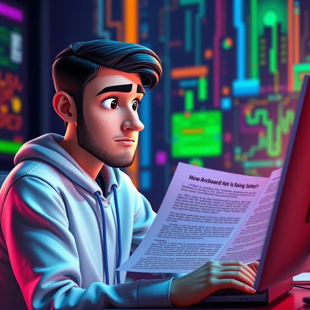 Sami reading articles about cybercrime and online safety on his computer, with a determined expression, with a colorful digital background, vibrant colors, engaging atmosphere, high quality