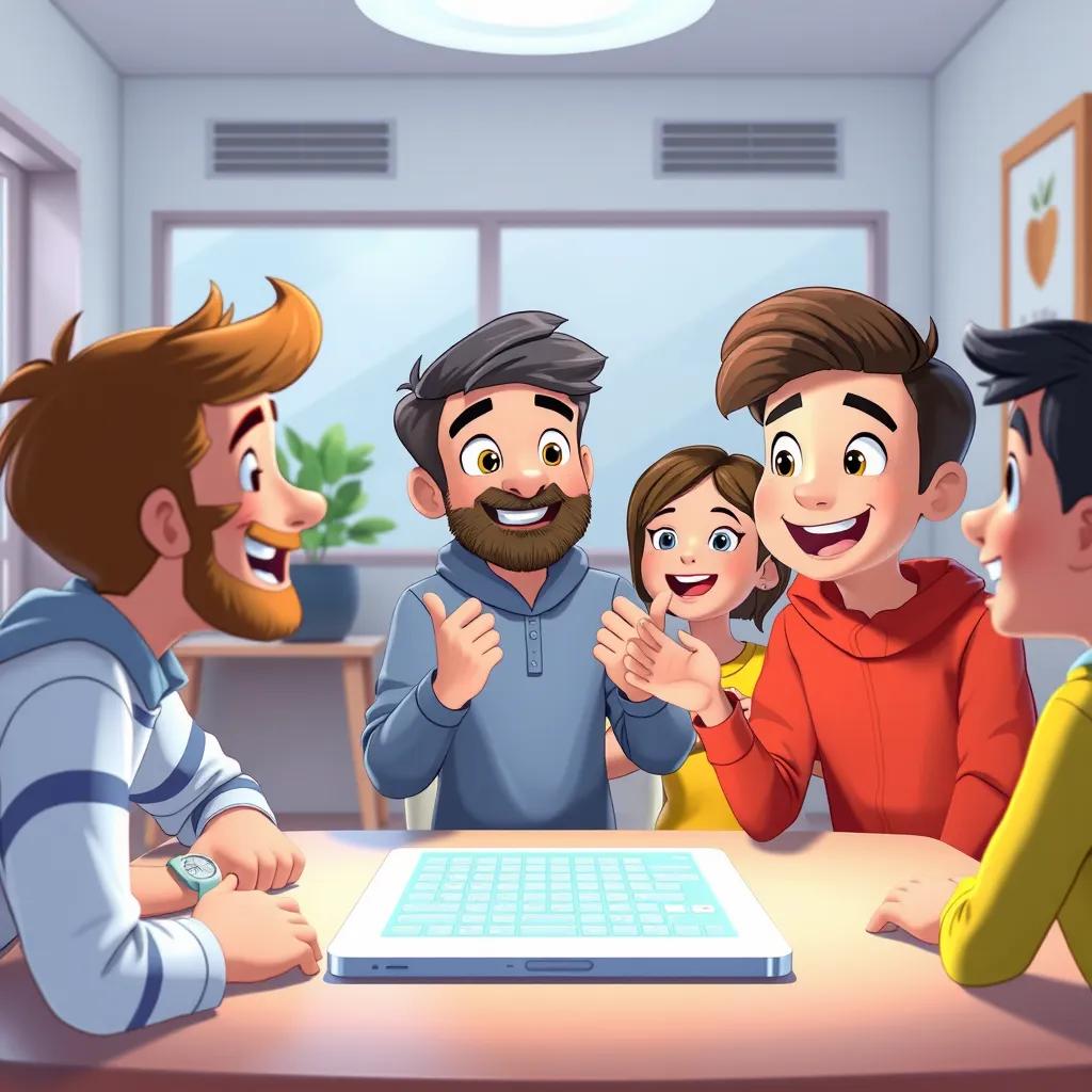 Sami happily explaining to his friends about online safety, in a bright room, with smiles and excitement, cheerful colors, engaging atmosphere, high quality