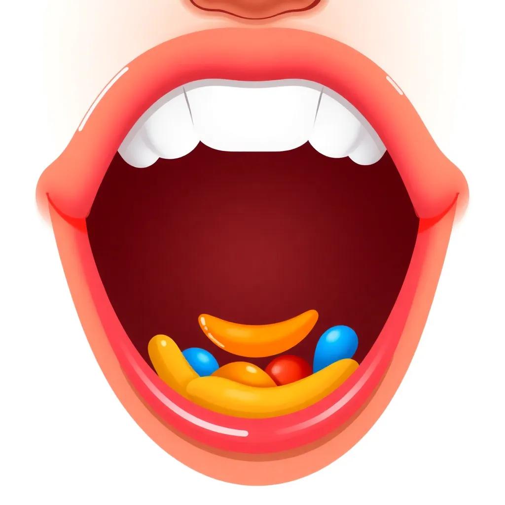 A colorful illustration of the human mouth welcoming food, with a friendly smile, vibrant colors, cheerful atmosphere, children-friendly, high quality