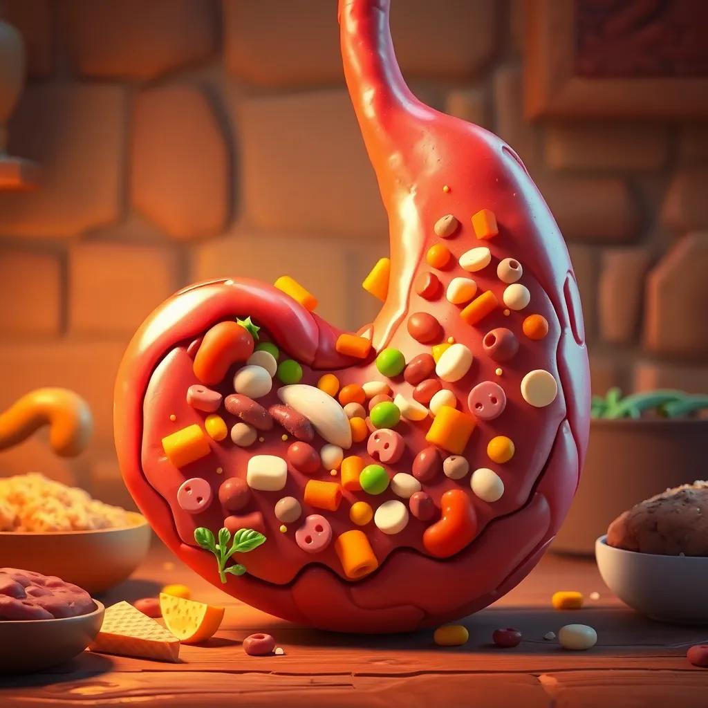 An imaginative representation of a stomach, full of food being mixed, animated and lively, warm colors, welcoming atmosphere, high quality