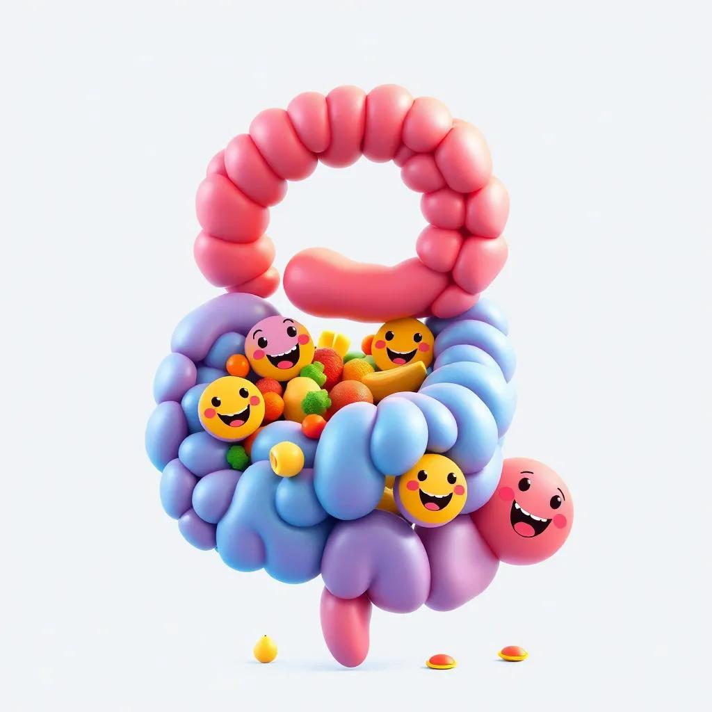 A bright and colorful small intestine, absorbing nutrients, with happy faces on the food, cheerful and lively, high quality