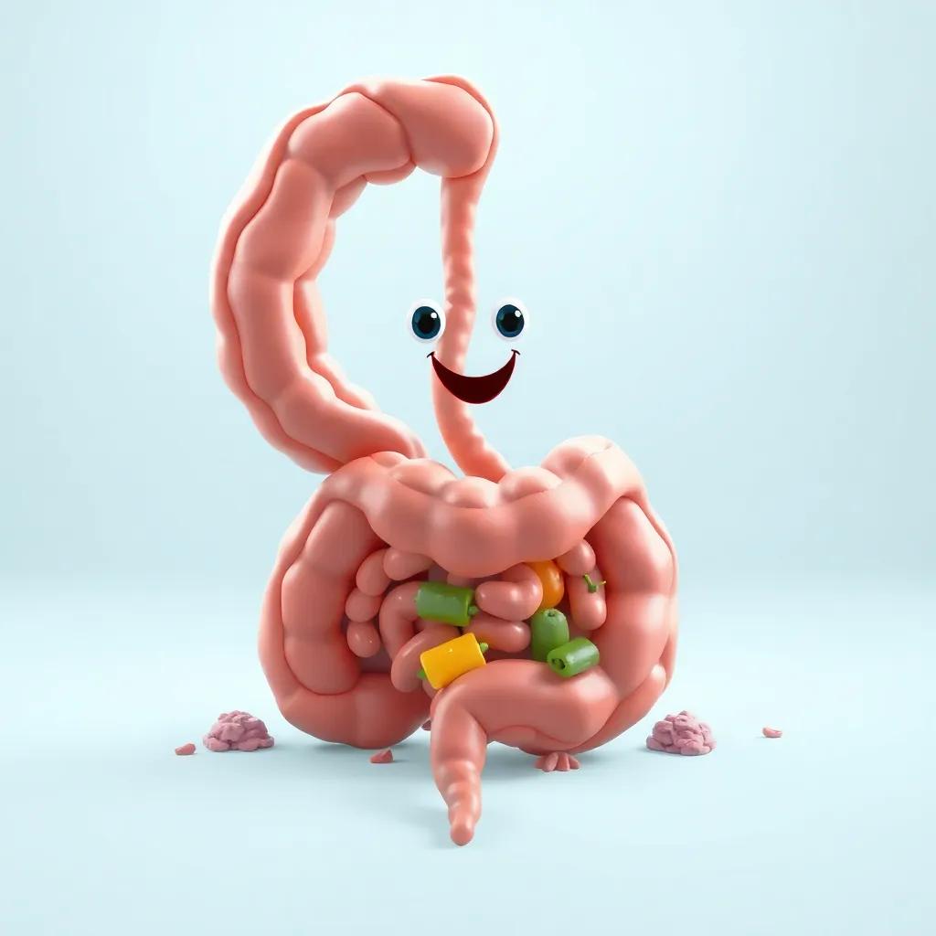 A friendly large intestine, gathering waste, with a clean and natural look, bright colors, positive vibe, high quality