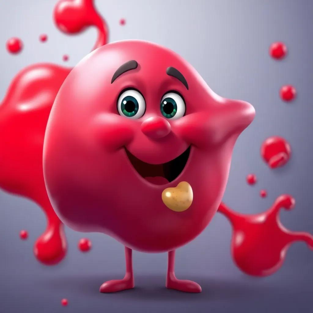 A proud liver, looking happy while cleaning the blood, colorful and animated, high quality