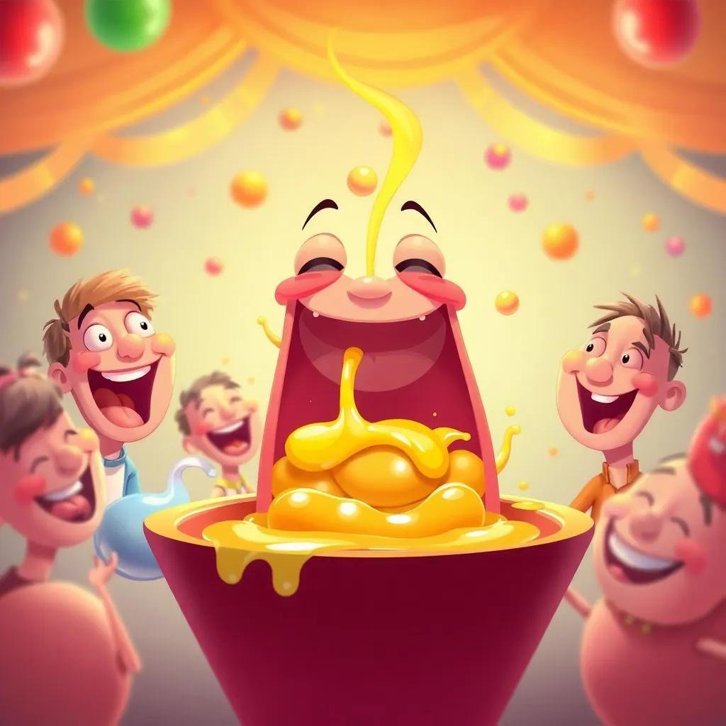 An illustration of digestive juices returning to the mouth, happy expressions, colorful, celebratory atmosphere, high quality