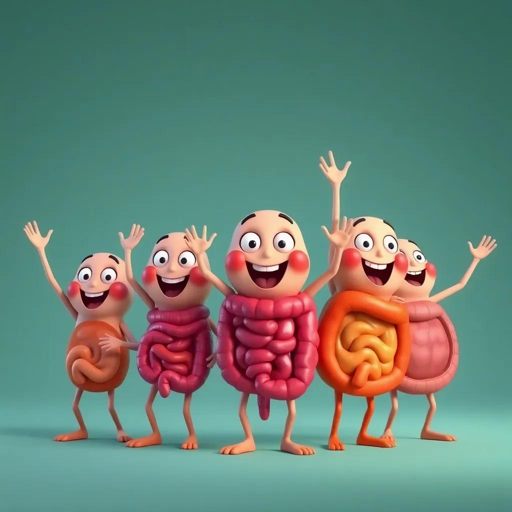 A team of digestive organs cheering together, colorful, engaging, cheerful, showcasing unity and teamwork, high quality