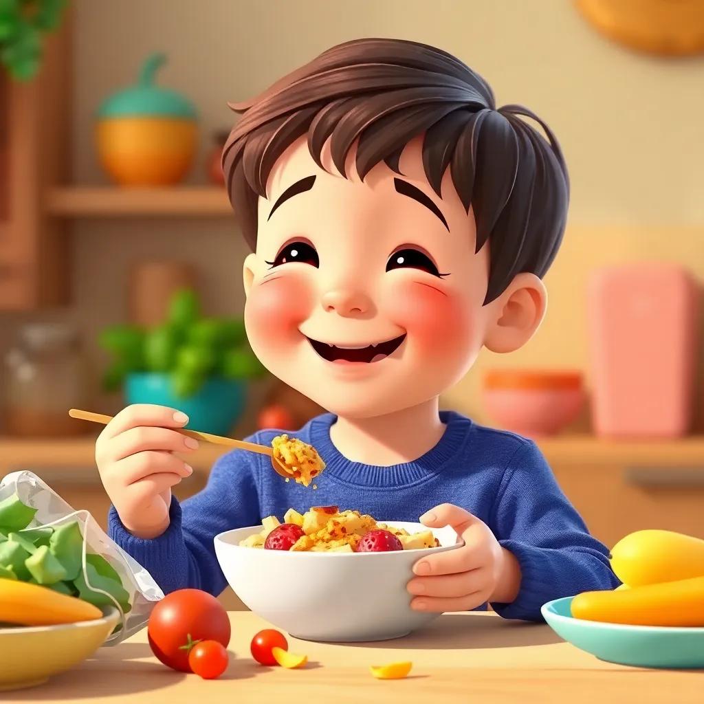 A child enjoying healthy food, with a smile, feeling connected to the journey of digestion, bright cheerful colors, high quality