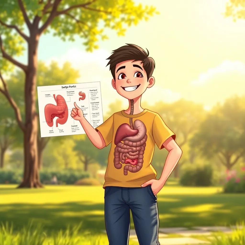 A cheerful boy, Sami, with short black hair, wearing a colorful t-shirt and jeans, standing in a sunny park, pointing excitedly at a diagram of the digestive system, cartoon style, vibrant colors, engaging atmosphere, high quality