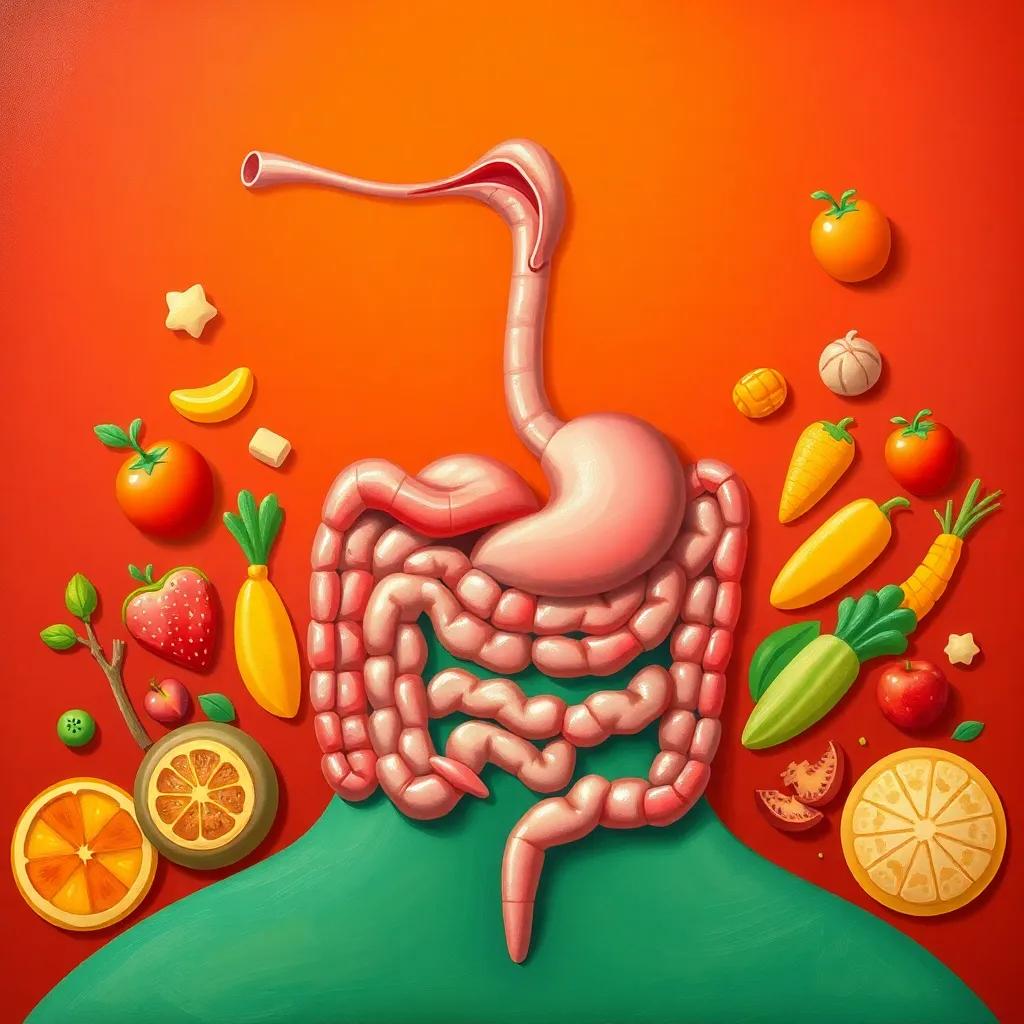 A cartoonish depiction of the digestive system, featuring a long esophagus, stomach like a mill, and intestines, surrounded by colorful food items, bright and educational, playful elements, child-friendly, high quality