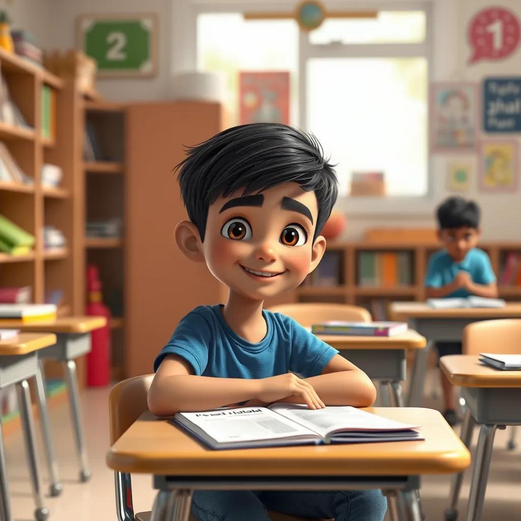 A young Arab boy, Sami, with short black hair wearing a blue T-shirt and jeans, sitting at a desk with books and papers, in a bright classroom, cheerful atmosphere, digital art, vibrant colors, inviting