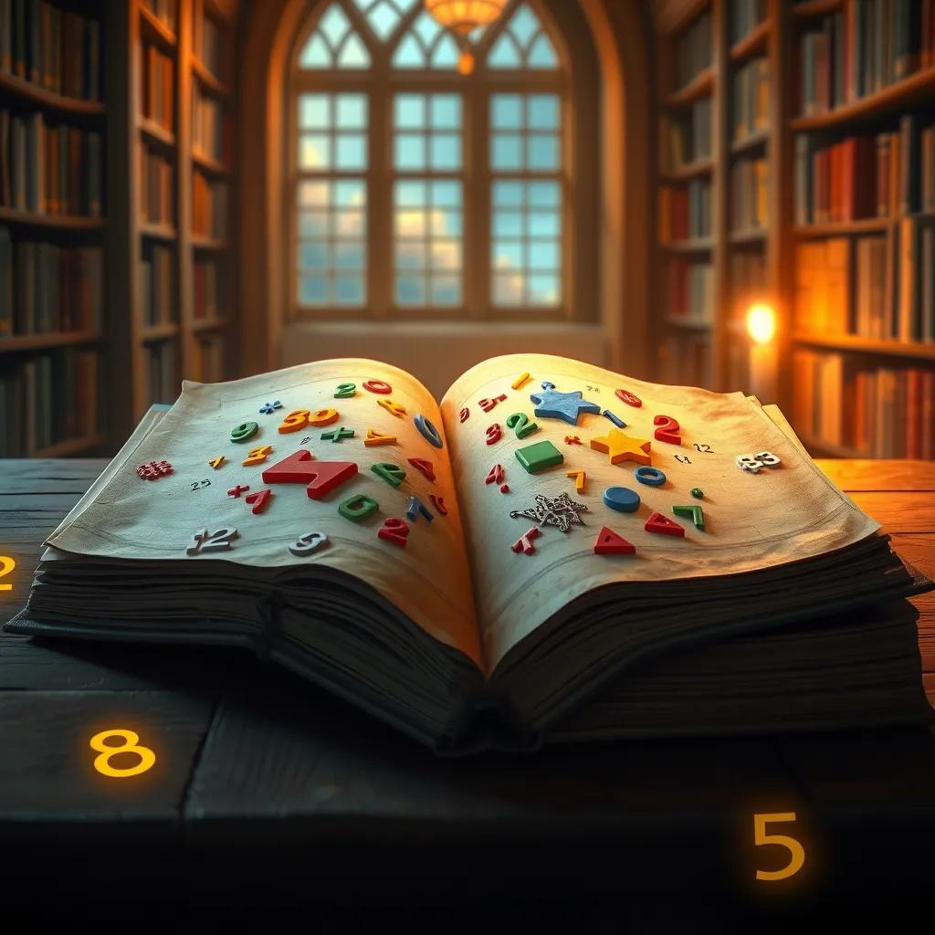 A dusty old book lying open in a cozy library, filled with colorful math puzzles and shapes, surrounded by glowing numbers, warm light, inviting