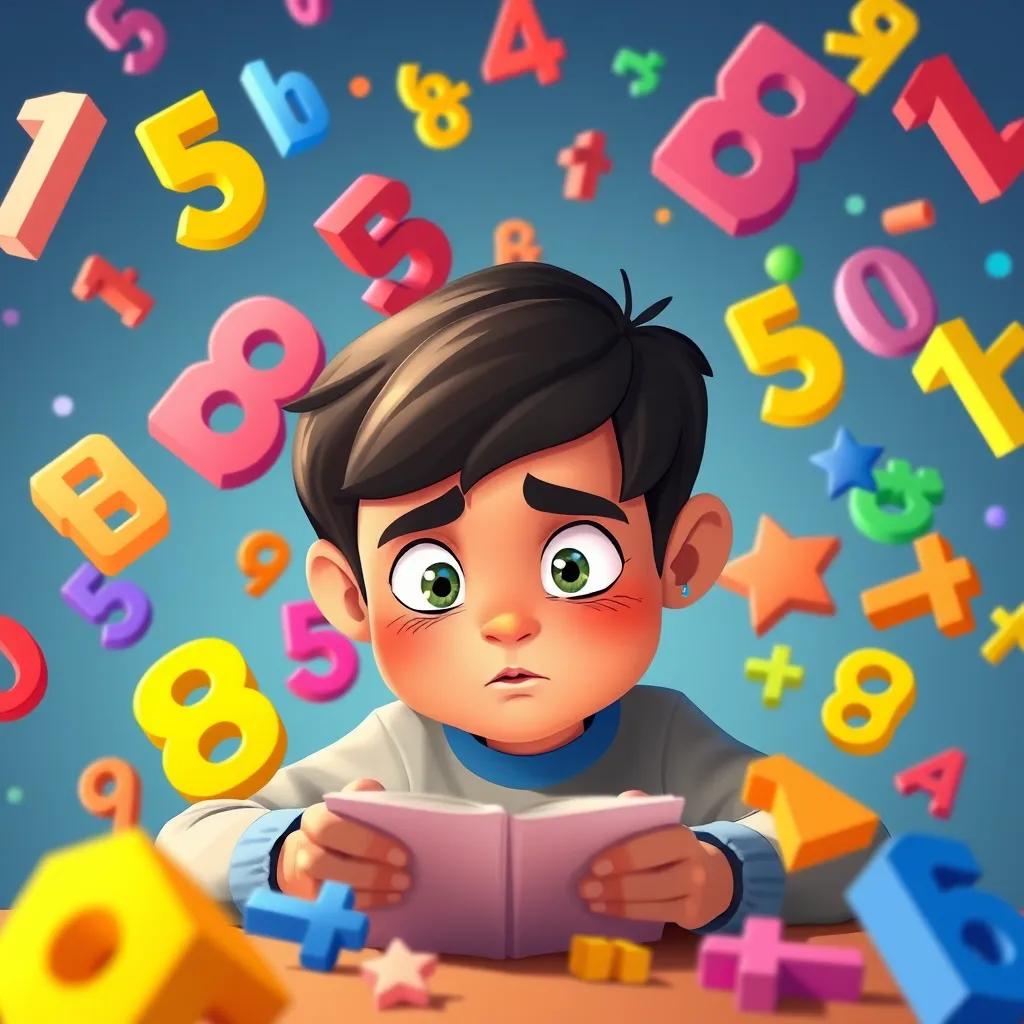 Sami concentrating deeply, surrounded by colorful floating numbers and shapes, bright and lively, as he solves math puzzles, cheerful colors, child-friendly