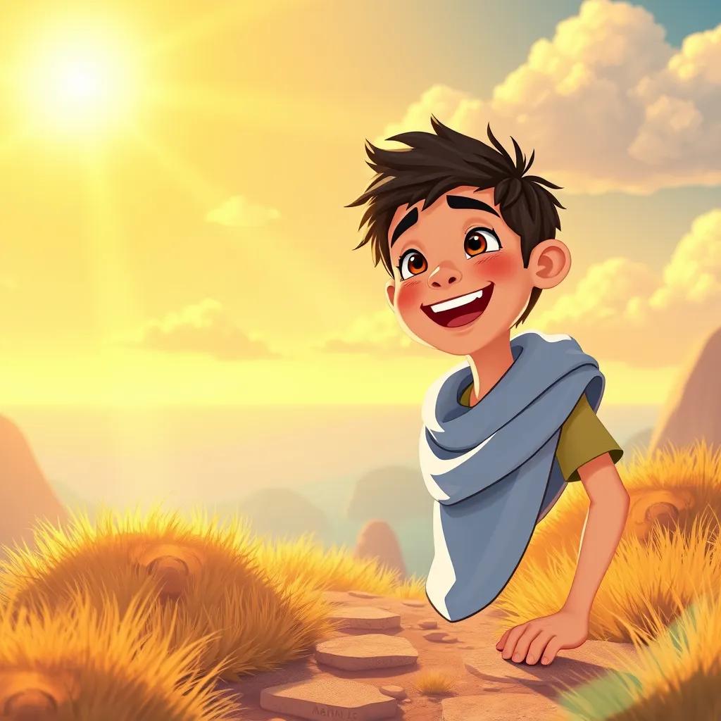 Sami, discovering a path of numbers leading to a bright horizon, smiles with joy, realizing the adventure of math, warm sunlight, uplifting and inspirational