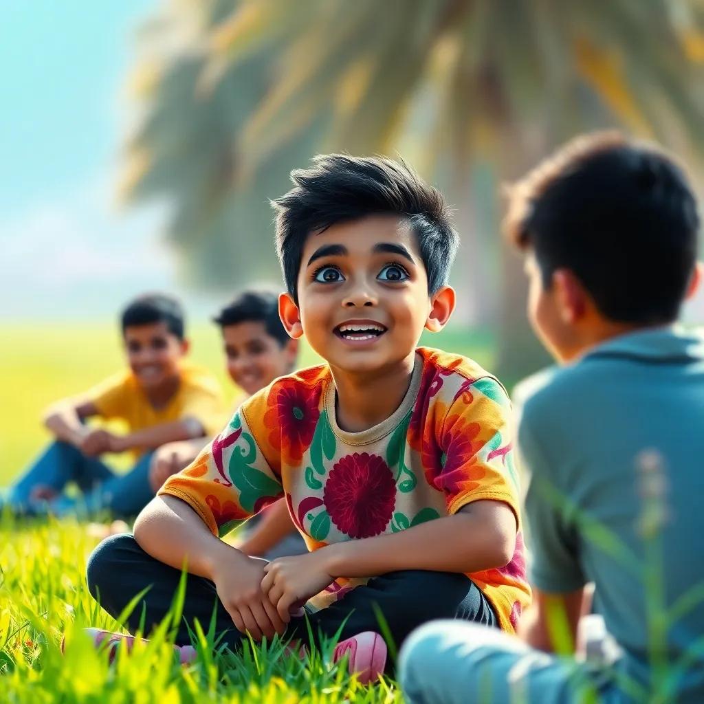 A young Arab boy, Sami, with short black hair wearing a colorful shirt, sitting on the grass surrounded by his friends, looking excited while talking about gases, cheerful atmosphere, digital art, bright colors, engaging scene, high quality