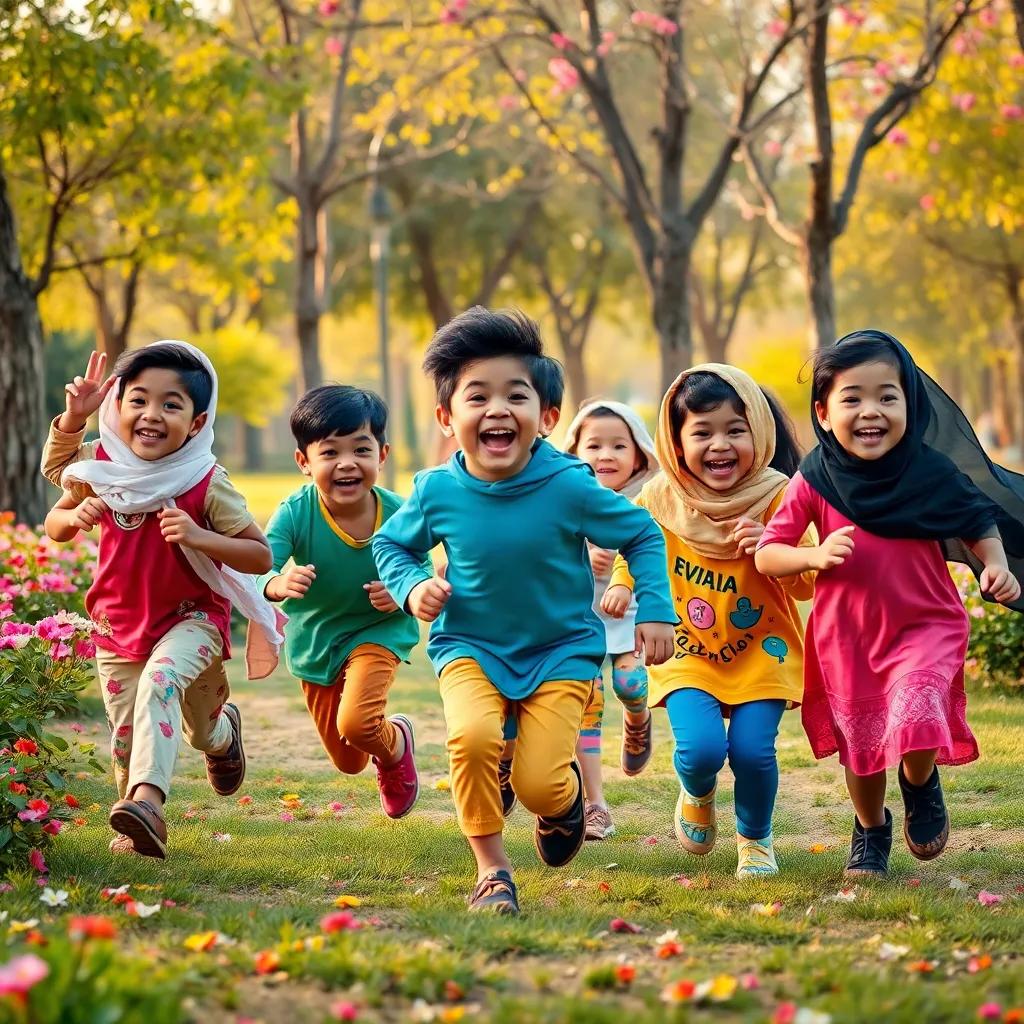 A group of young Arab children, with various hairstyles and colorful clothes, happily running in a park, laughing and playing around trees and flowers, joyful environment, vibrant colors, dynamic perspective, child-friendly design, high quality