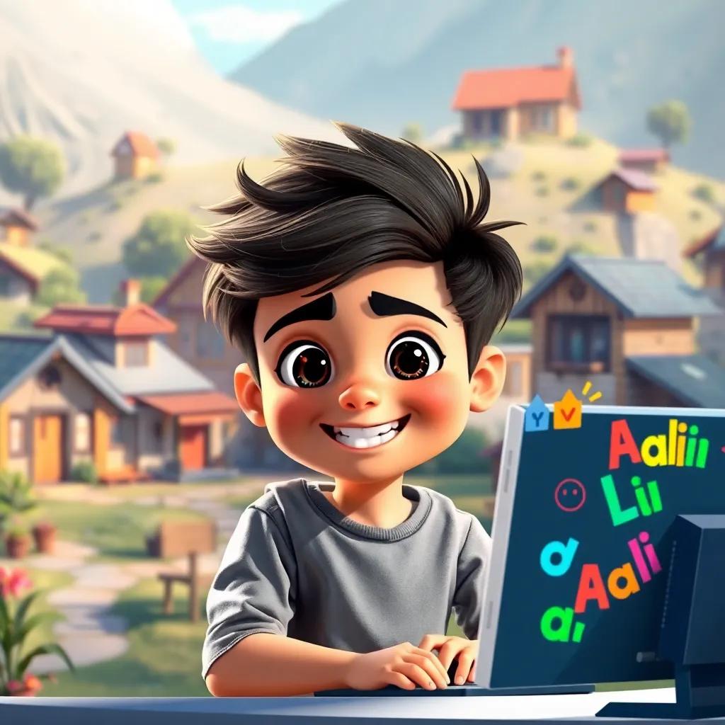 A small village with simple houses, bathed in sunlight, a cheerful boy named Ali, wearing casual clothes, sitting in front of a computer with colorful words floating around, digital art, bright colors, inviting atmosphere, playful scene, high quality