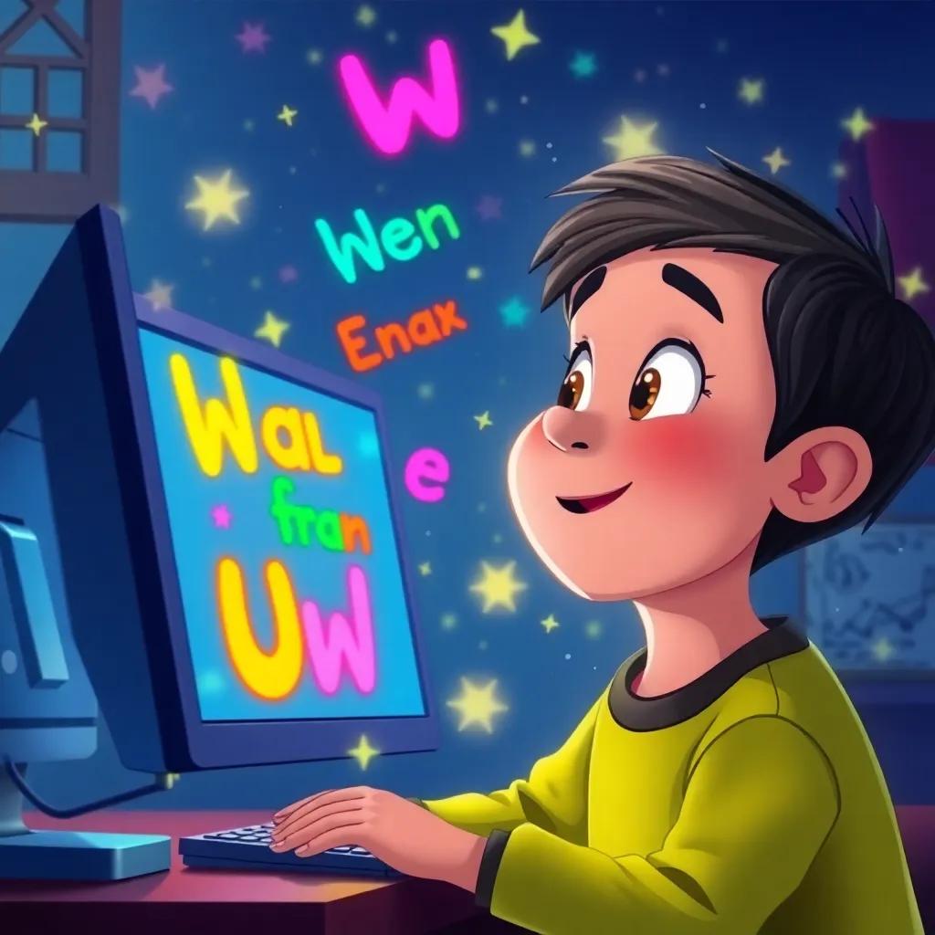 Ali looking amazed as colorful words dance and play around him on the computer screen, surrounded by a magical aura, illustration, vibrant, joyful atmosphere, enchanting visual, child-friendly