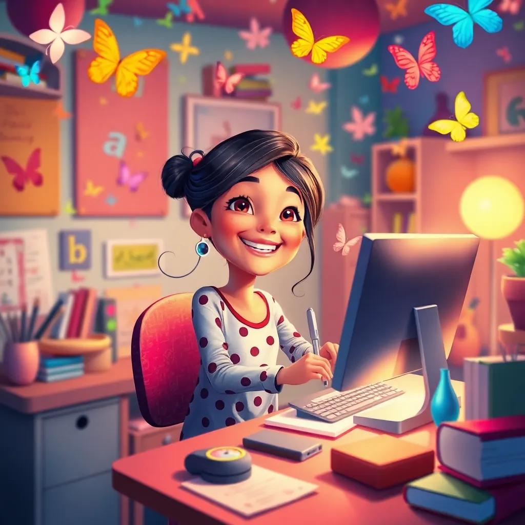 A cheerful Ali sitting at a desk, writing on a computer, surrounded by floating letters and butterflies, in a colorful and vibrant room, digital painting, fantastical, rich colors, wonder-filled, whimsical scene, high quality