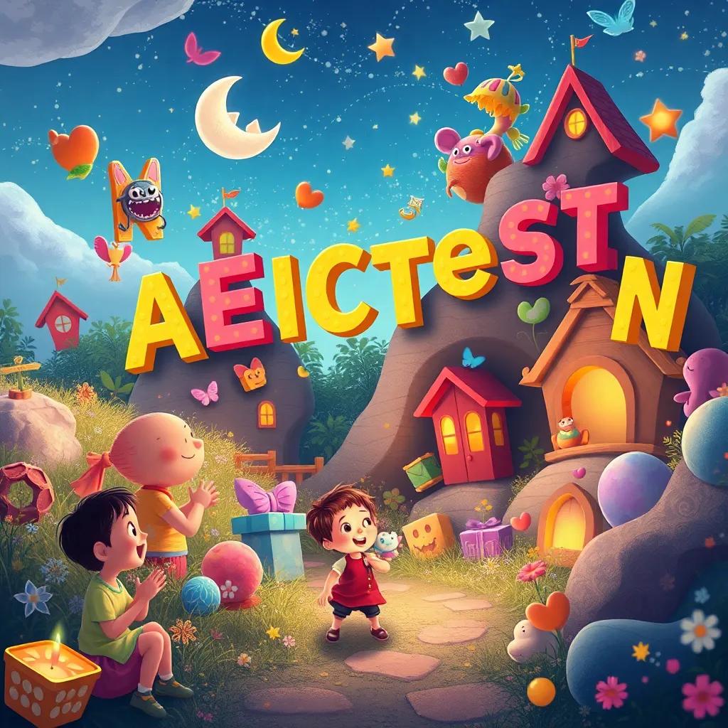 An enchanted world with floating words and letters forming shapes and objects, filled with colors, children laughing in the background, illustration, whimsical, inviting atmosphere, captivating view, child-friendly