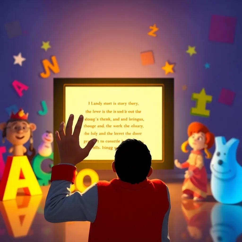 Ali proudly looking at the completed story on the screen, surrounded by animated letters and characters from his story, warm light, colorful background, joyful scene, reflection of creativity, high quality