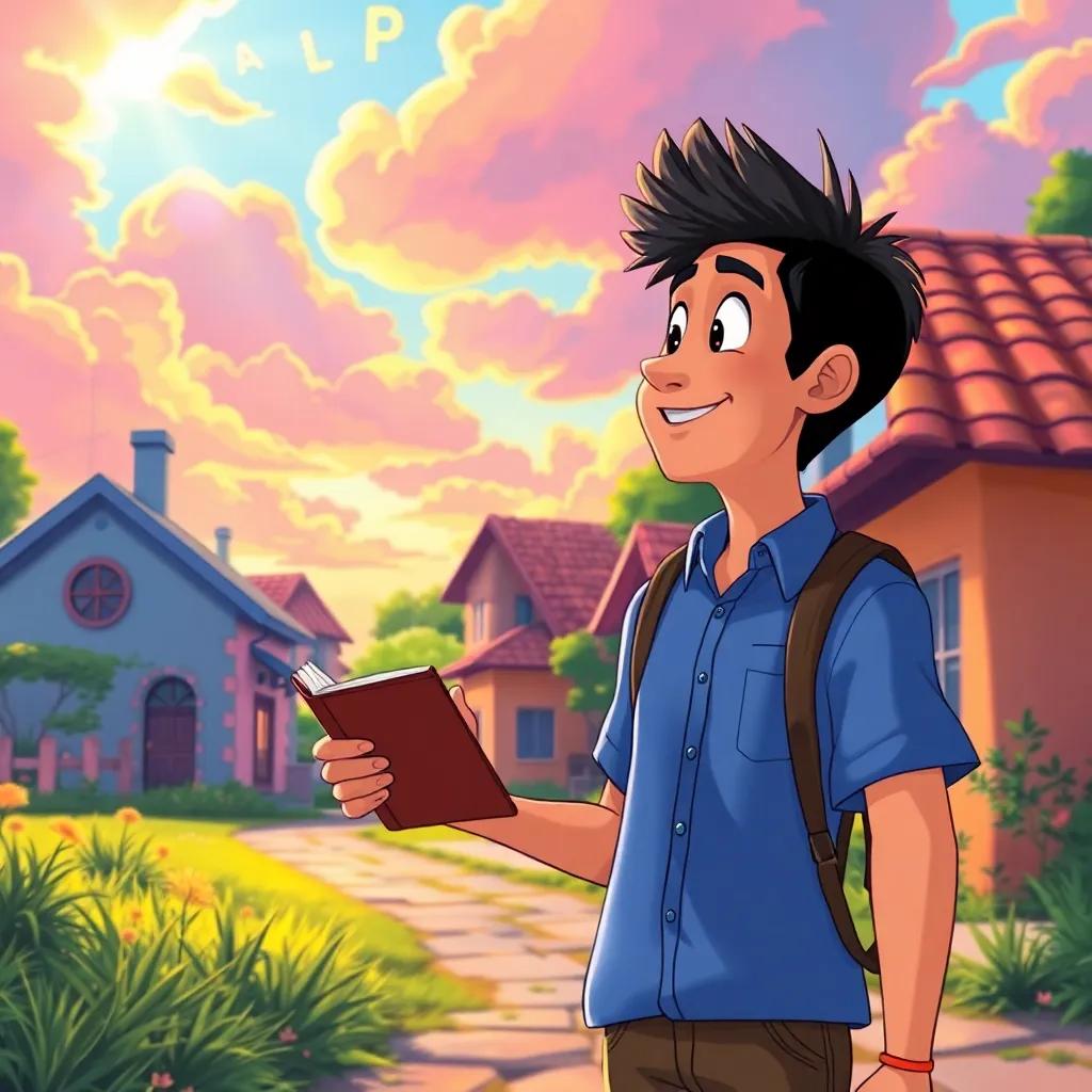 A sunny village as Ali walks home, holding a notebook full of ideas, smiling as he looks at a colorful sky, with hints of letters in the clouds, vibrant scene, enchanting atmosphere, cheerful mood, high quality