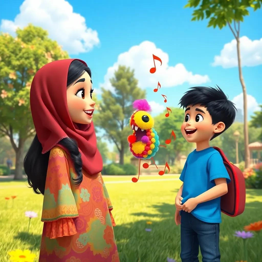 A sunny day in a vibrant park where a girl named Leila, a young Arab girl with long, dark hair wearing a colorful abaya, is talking to a boy named Ali, who has short black hair and is dressed in a blue T-shirt and jeans, both looking excited; a colorful musical creature is dancing around them, digital art, bright colors, joyful atmosphere, high quality