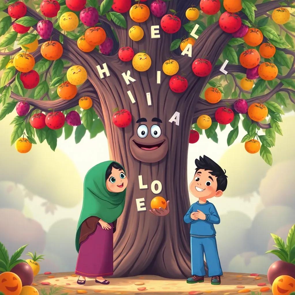 Leila and Ali with the creature named Haroof, a magical figure with letters floating around, standing in front of a tall tree, full of colored fruit; the friends are amazed as they work together to collect fruits by speaking Arabic letters, illustration, cheerful, adventure-themed, child-friendly