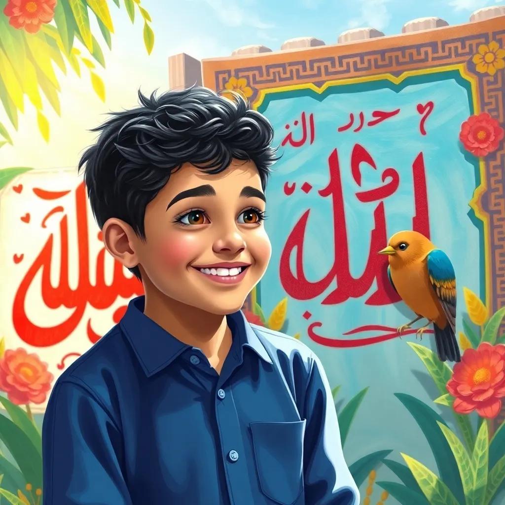 A cheerful young Arab boy, Sami, with black hair in a blue shirt, looking at a colorful painting of Arabic letters in the garden, with a friendly bird perched nearby, bright sunlight illuminating the scene, artistic and imaginative, high quality