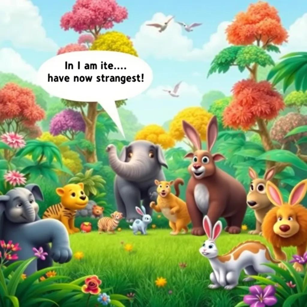 A vibrant green jungle, with diverse animals gathering together, a proud elephant saying, 'I am the strongest!' and a quick rabbit replying, 'But I'm faster!', colorful trees and playful birds in the sky, digital art, lively colors, cheerful atmosphere, detailed scene