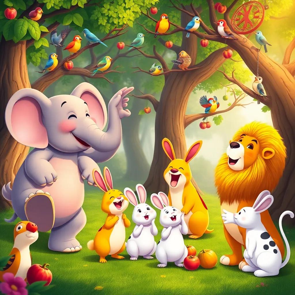 Animals singing joyfully together, an elephant stomping its feet, rabbits jumping, various colorful birds singing in the trees, a lion proposing a fruit-gathering game, filled with laughter and fun, bright colors, high quality, playful mood