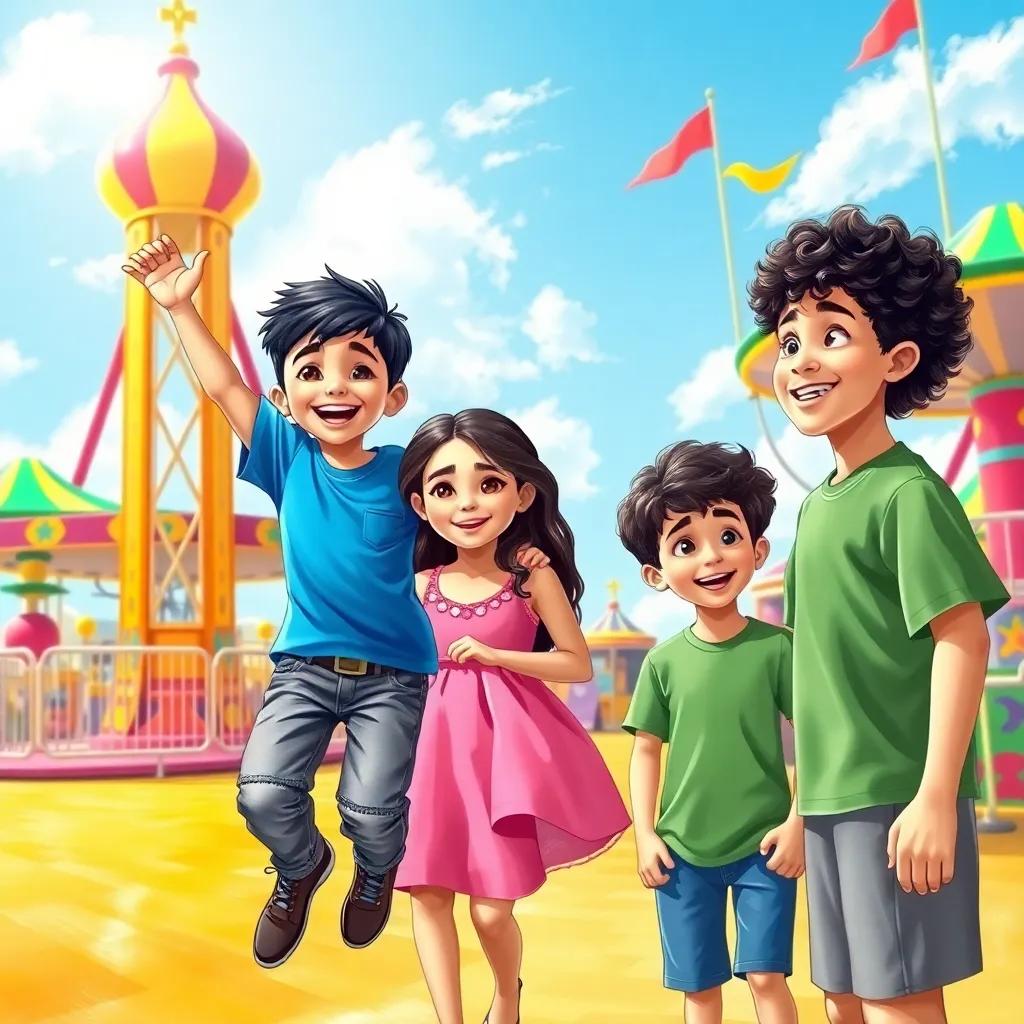 A sunny amusement park with colorful rides and happy children, including Sami, a young Arab boy with short black hair wearing a blue t-shirt, smiling and jumping excitedly. Lina, a young Arab girl with long, dark hair wearing a pink dress, stands beside him smiling. Majid, a young Arab boy with curly hair in a green shirt, looking around with excitement, digital art, vibrant colors, cheerful atmosphere, high quality
