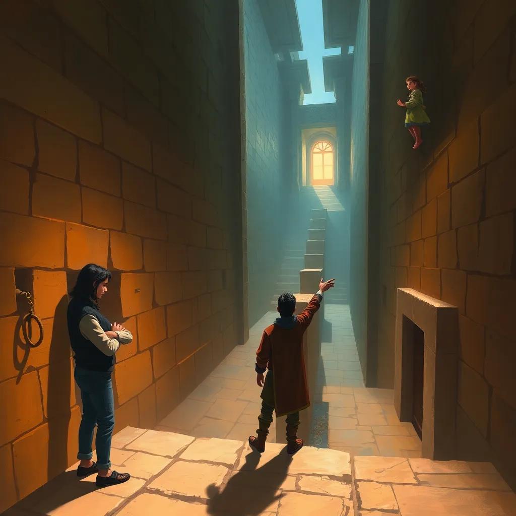 A large maze filled with narrow pathways, Sami looking confused at a dead end looking sad, Majid looking anxious searching for a way, while Lina, from a high spot, points excitedly towards the exit, digital painting, detailed scene, dramatic lighting, warm colors, storytelling view, high quality