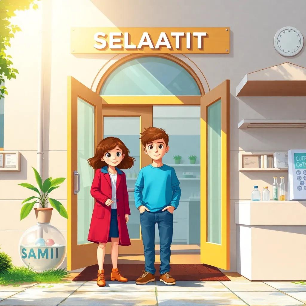 A sunny day outside a modern laboratory, with a young boy, Sami, and his mother standing at the entrance, curious expressions, bright colors, welcoming atmosphere, digital art, child-friendly