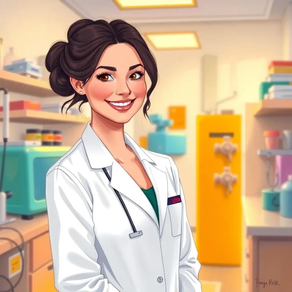 A friendly nurse named Leila, with dark hair in a bun, wearing a white coat, smiling at Sami inside a bright lab, colorful machines in the background, warm light, welcoming environment, illustration