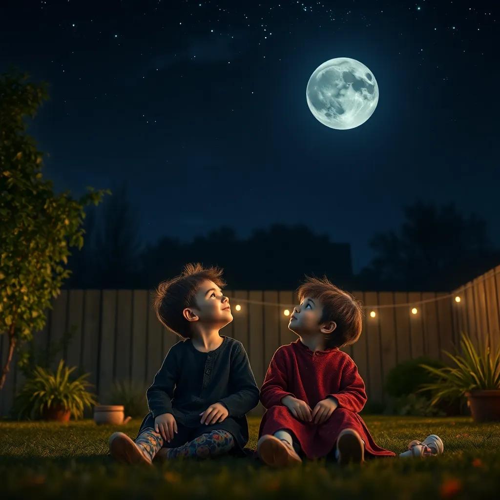 A dark night with two children, Ali and Malak, sitting in a backyard under the stars, talking and looking up at a strange moon, digital art, warm colors, inviting atmosphere, high quality.