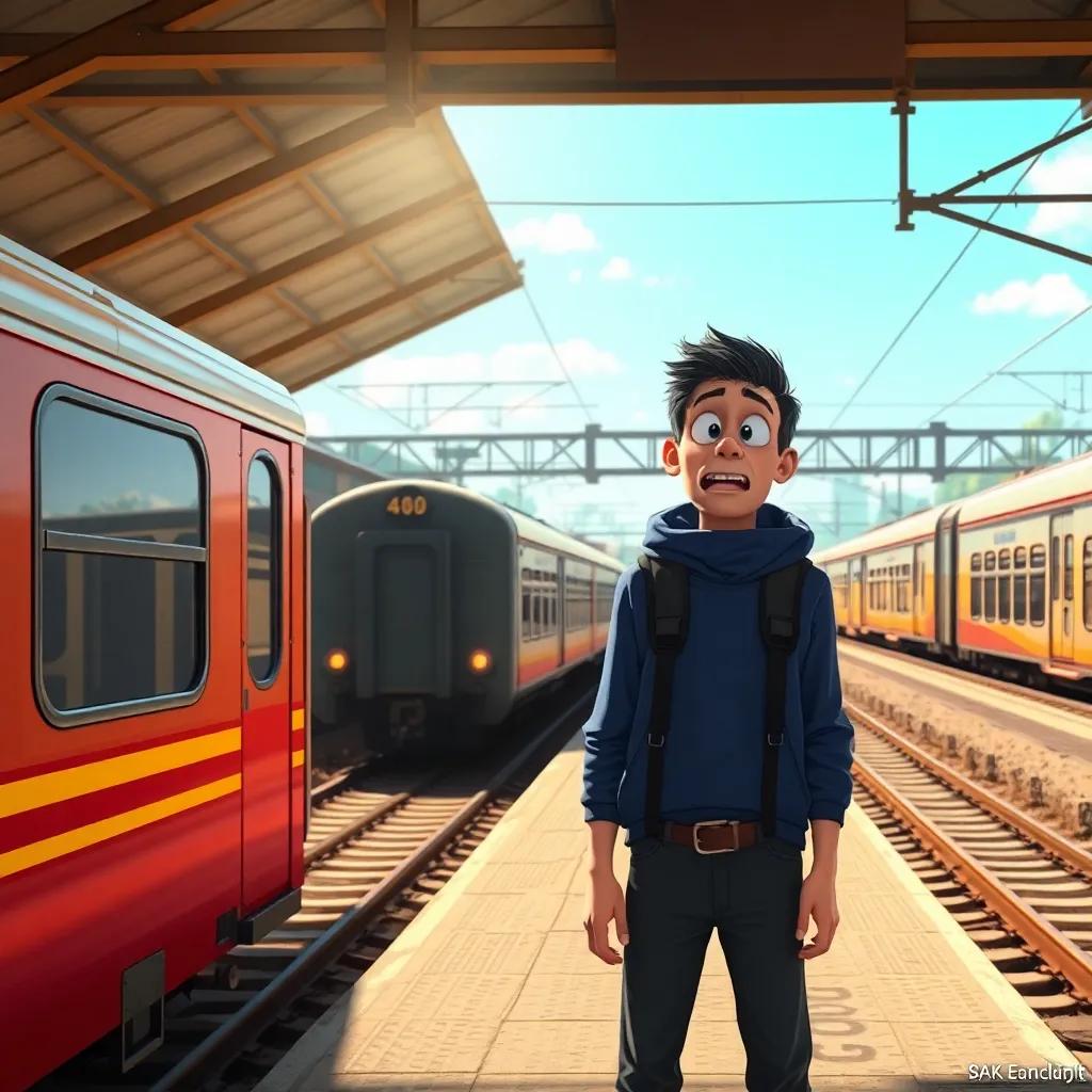 A scared man standing at a train station, surrounded by passing trains, a dog kennel in the background making amusing sounds, bright sunny day, digital art, cheerful atmosphere, high quality