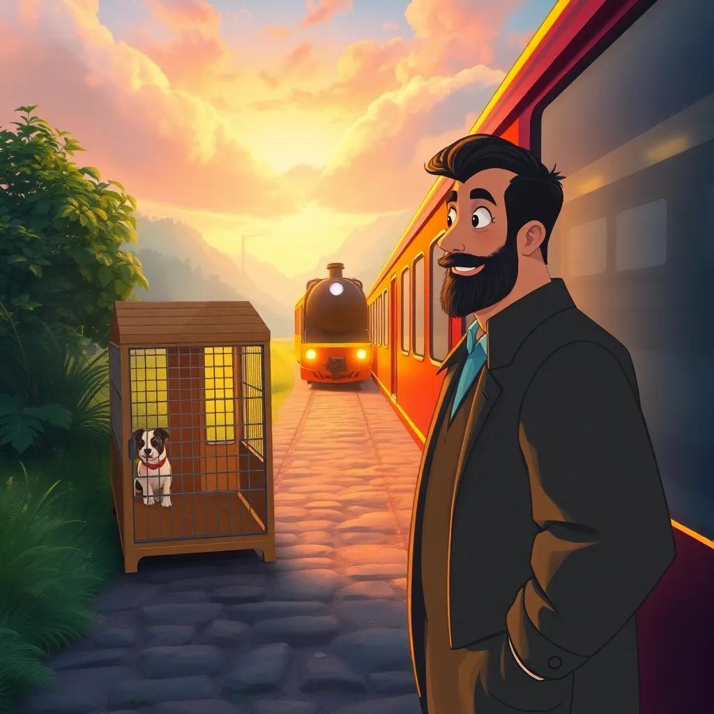 A mystical moment where the same man suddenly finds a dog kennel in front of him, a train approaching from behind, and a reassuring man with a smile appears beside him, magical realism, vibrant colors, engaging perspective, storybook illustration