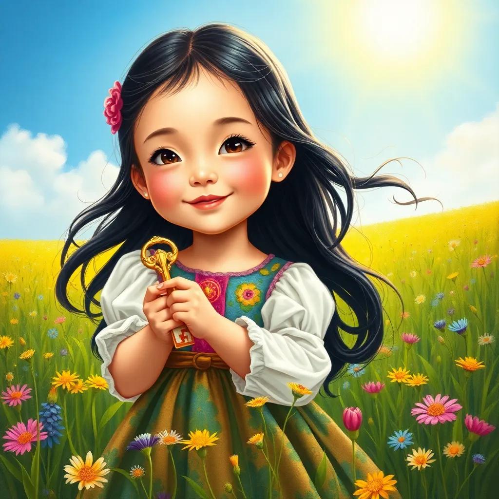A little girl,ريم, with long, black hair, wearing a colorful dress, holding a shiny golden key, in a green field with wildflowers, bright sunny sky, cheerful, high quality