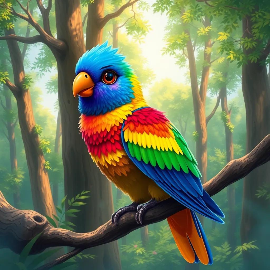 A colorful bird named زيزو, with vibrant feathers and a friendly smile, perched on a branch in a lush forest, surrounded by tall trees and sunshine, digital art, vivid colors, whimsical atmosphere, high quality