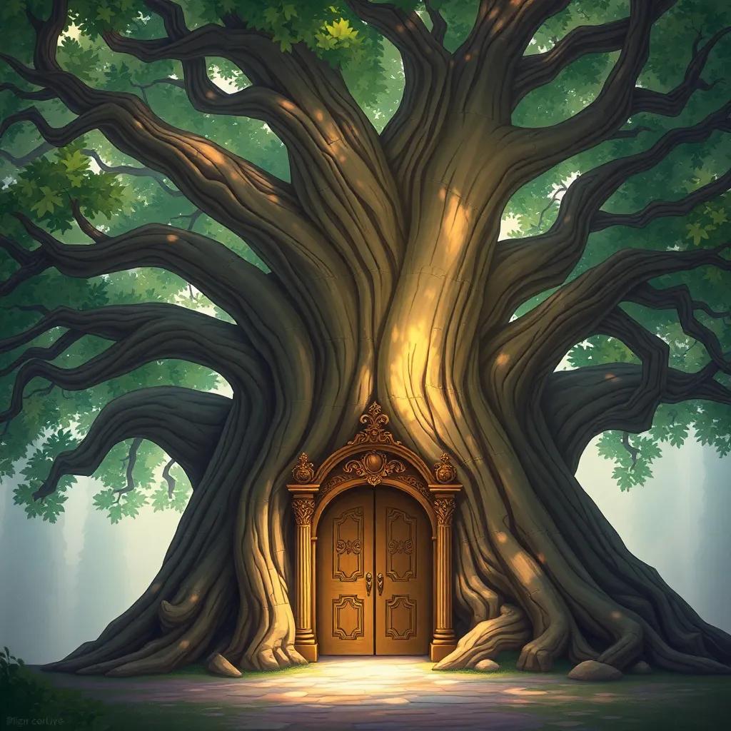 A massive majestic oak tree, with a beautifully decorated large door at its base, soft sunlight filtering through the leaves, inviting atmosphere, fantasy illustration, high quality